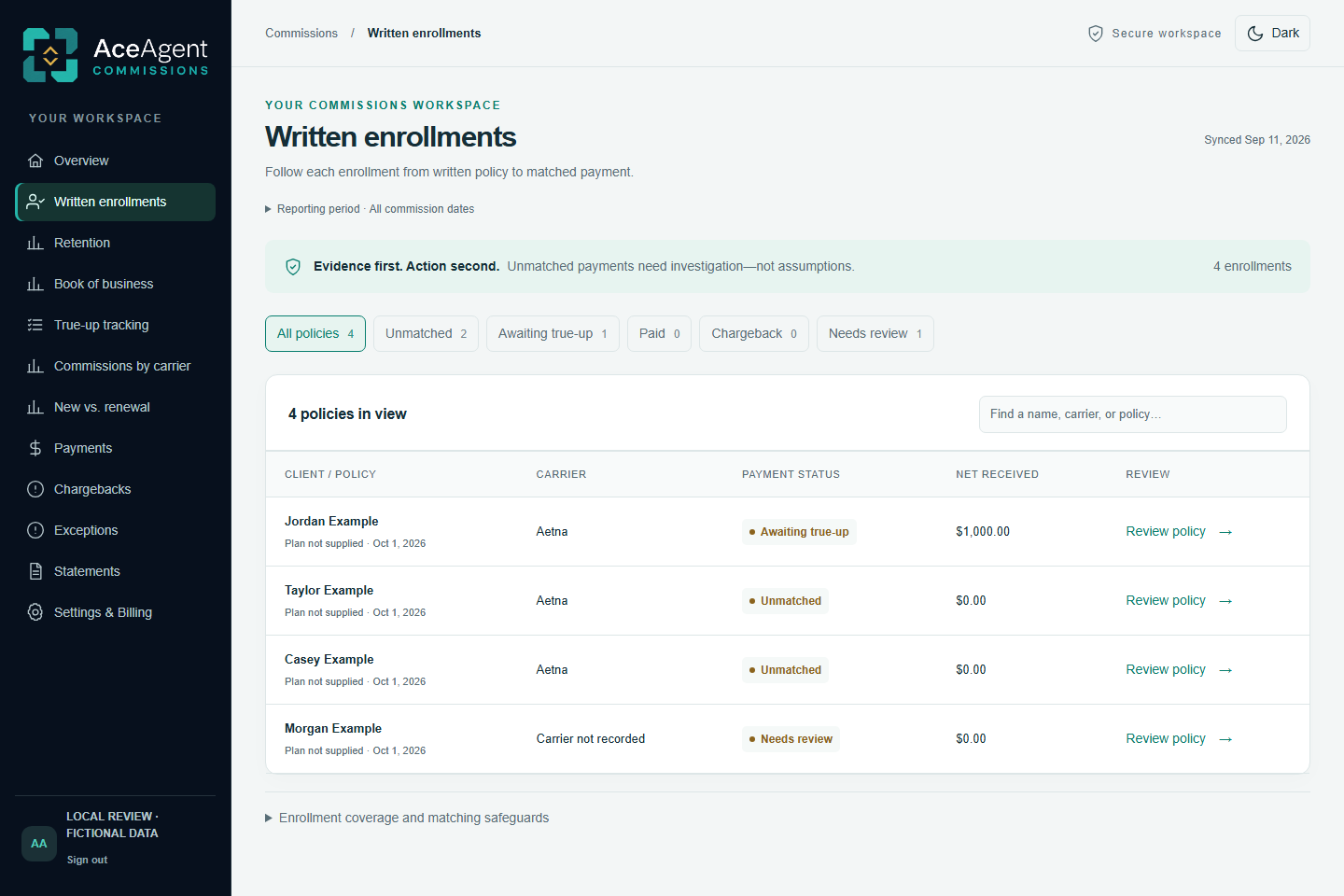 AceAgent Commissions written screen with fictional sample data